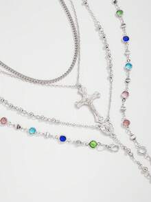 4pcs Fashionable Colorful Chain Necklace Set, Y-Shaped & Cross Pendant Long Necklaces, Suitable For Travel, Dating, Party - Multicolor - View 2