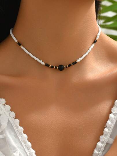 1pc Vintage Blue Faux Turquoise Glass Beads Necklace For Women, Suitable For Summer Beach Holiday And Everyday Wear