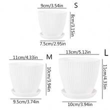 1入簡約縱條花盆，塑料樹脂材質，搭配托盤，加厚綠色植物盆，圓形設計 - 白色 - 查看 22