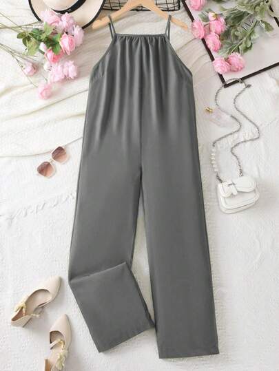 1pc Baggy Wide Leg Jumpsuit For Teenagers, Casual Sleeveless With Hidden Pockets, Versatile