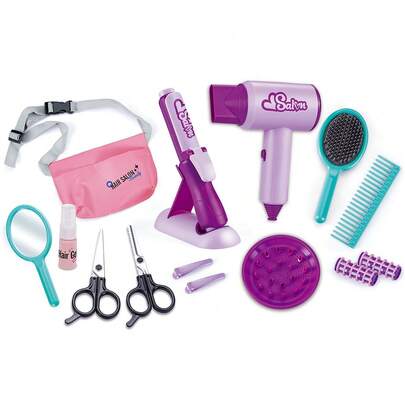 儿童过家家化妆套装，带吹风机玩具（塑料材质，不含粉饼），女孩仿真日常化妆及配饰单肩包套装