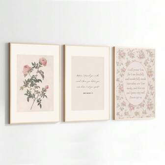 3 套无框复古玫瑰花卉圣经诗句儿童房墙壁艺术海报帆布印刷基督教艺术 Cottagecore 女孩房间装饰画适用于婴儿儿童房、客厅、卧室、现代家居装饰