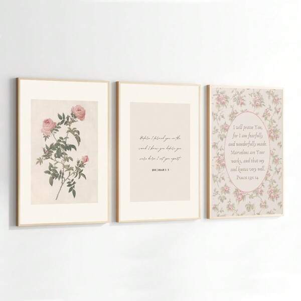 Set Of 3 Frameless Vintage Rose Floral Bible Verse Nursery Wall Art Poster Canvas Print Christian Art Cottagecore Girls Room Decor Painting For Baby Kids Room,Living Room,Bedroom,Modern Home Decoration