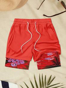 Men's Double Layer Beach Vacation Style Sports Swim Trunks - Red - View 2