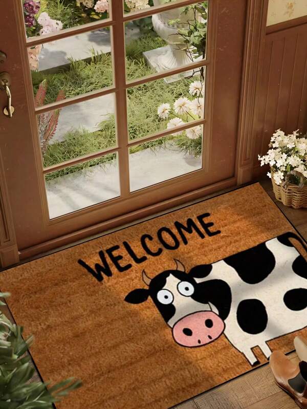 1pc Cute Cow Welcome Pattern Door Mat, Yellow Simple Design Short Plush Quick-Drying Non-Slip Washable Entrance Rug For Kitchen, Bathroom, Dining Room, Hallway, Party, New Year, All Seasons, Porch Decor Room Decor Carpet Bedroom Decor Rugs