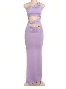 Edgy Cutout Asymmetrical Shoulder Solid Color Hollow-Out Backless Dress