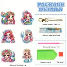 6 piezas Kits de pintura de diamante 5D para llaveros DIY, belleza de dibujos animados, llavero de arte de diamante con patrón de sirena, llavero de mosaico hecho a mano apto para principiantes