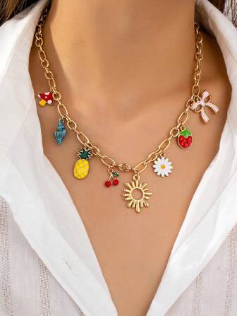 1pc Euro-American Style Fruit & Ocean Theme Pendant Necklace, Fashionable For Women
