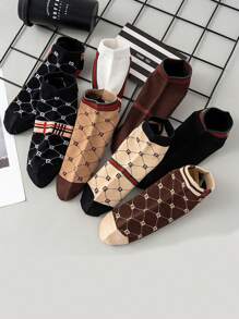 8 Pairs Women's Short Socks, Multicolor Letter & Stripe Pattern, French Luxury Retro Style, Versatile Ladies Socks