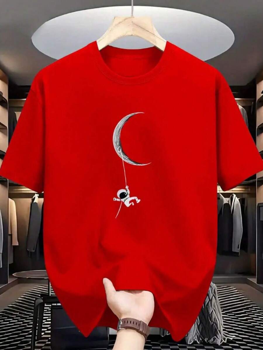 Men's Shirt With Astronaut Moon Launch Print, 100% Cotton, Round Neck - 紅色 - 查看 1