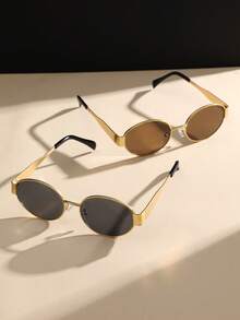 2pcs Copper Geometric Full Frame Decoration Classic Vintage Ins Style Never Outdated Women Fashion Glasses For Summer Back To School Driving Boating Daily Life Musical Festival Holiday Gift Suitable For All Face Shapes Appointment Outfits - 2 chiếc trà vàng xám vàng kết hợp - Xem 4