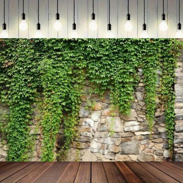 Décor de jardin de printemps avec mur de pierre rétro et feuilles vertes - en polyester, sans alimentation électrique requise, convient pour les fêtes et événements