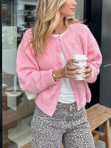 Cárdigan de punto de unicolor casual para mujer, parte superior de uso diario con botones al frente