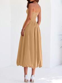 Women's Summer Off-The-Shoulder Chest Midlength Dress Pleated A-Line Bubble Long Elegant Casual Elegant Party Dress - 卡其色 - 查看 2