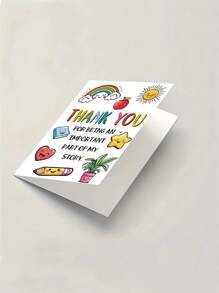 Tarjeta de agradecimiento feliz para el maestro con sobre - Diseño de dibujos animados vibrantes que presentan un arcoíris, una manzana y una cara sonriente, ideal como regalo de fin de año para preescolar, guardería o cuidado infantil