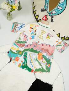 Women's Linen Shirt With Unique Graffiti Print, Single-Breasted Multi-Button Design