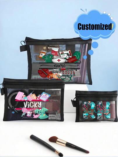 Personalized Large Capacity Mesh Makeup Bag With Zipper Pouch, Pencil Case, Travel Bag, Transparent Square Cosmetic Bag For Women, Custom Name Gift