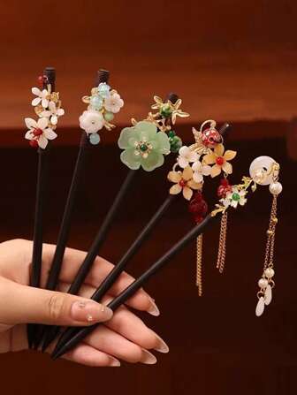 1 件中国风花流苏发簪，黑檀木发夹头饰，适合女性外出、旅行、摄影、度假、圣诞礼物、节日礼物发髻发夹发髻制作器发髻发片发型夹