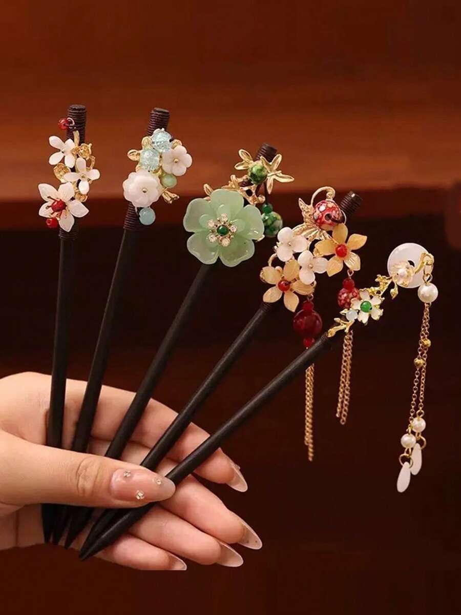 1 件中国风花流苏发簪，黑檀木发夹头饰，适合女性外出、旅行、摄影、度假、圣诞礼物、节日礼物发髻发夹发髻制作器发髻发片发型夹