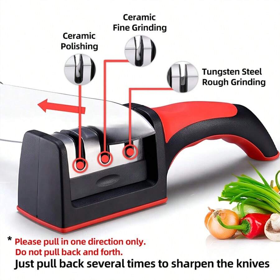 Knife Sharpener Handheld Multi-Function 3 Stages Type Quick Sharpening Tool With Non-Slip Base Kitchen Knives Accessories Gadget-For RV-For Car-Car Accessories-Travel Essentials-1pc/2pcs-Red/Black