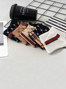 8 Pairs Women's Short Socks, Multicolor Letter & Stripe Pattern, French Luxury Retro Style, Versatile Ladies Socks