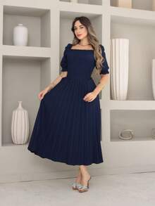 Vitoria Women's Short Sleeve High Waist Pleated Midi Dress - 藏蓝色 - 查看 1