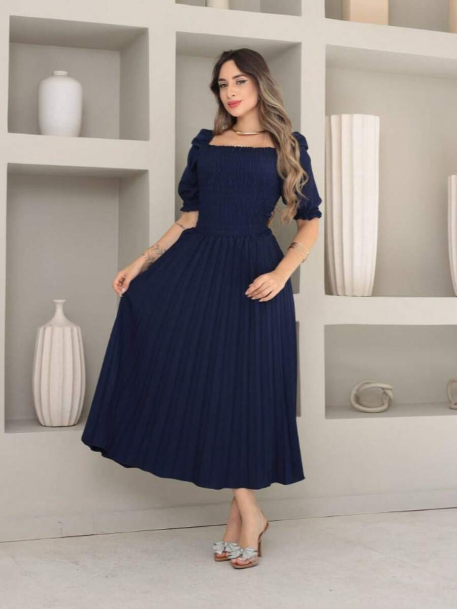 Vitoria Women's Short Sleeve High Waist Pleated Midi Dress - 藏蓝色 - 查看 1