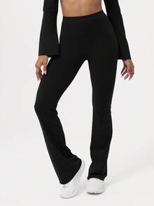 Sodalemon Training Yoga Fitness No Front Seam Sport Pants Elastic Waist Lift Buttocks Dance Workout Flare Pants - Black - View 7