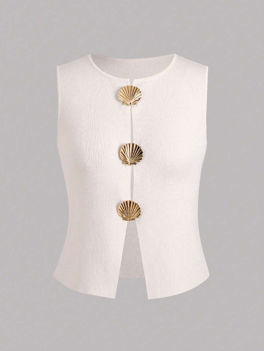 Regata de Malha Minimalista Sem Mangas de Verão para Mulheres, Textura Versátil e de Alta Qualidade, Adequado para a Temporada de Formatura, Mostarda - Damasco - Visão 1