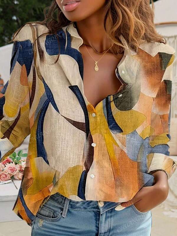 Women's Fashion Button-Down Collar Long Sleeve Printed Shirt
