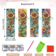 Set de 4 Marcapáginas de arte de diamantes con patrón de girasol, regalo de arte de cristal y rhinestone con colgante de diamante, regalo festivo. Brillantes marcapáginas de manualidades de DIY para el hogar, oficina, escuela, regalo para amantes de los libros