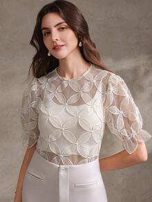Ladies Eye-Catching Lace Top With Lantern Sleeves And Cinched Waist - Apricot - View 4