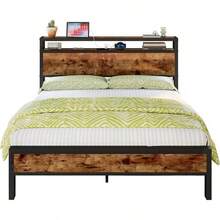 Bed Frame With 2-Tier Storage Headboard And Charging Station, Sturdy Industrial Platform Frame, Noise-Free Metal Construction, No Box Spring Required - Rustic Brown - 查看 6