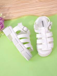 1 Pair Girls White Woven PU Breathable Open Toe Mid-Top Strap Flat Casual Sandals, Suitable For Daily Wear/Summer - White - View 7