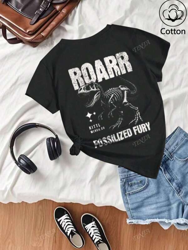 T-shirt casual noir à manches courtes, col rond, pour femmes, avec impression de lettre et de dinosaure blanc