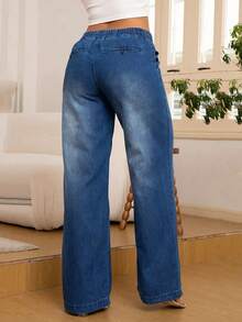 Women's Fashion Versatile Drawstring Waist Wide Leg Straight Jeans With Back Pockets - Dark Wash - View 5