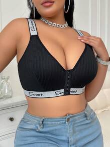 Plus Size Women's Front Closure Wireless Bra With Silver Ribbon