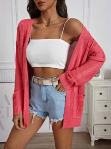 Cárdigan de manga larga y hombros caídos para mujer, de unicolor casual con bolsillos