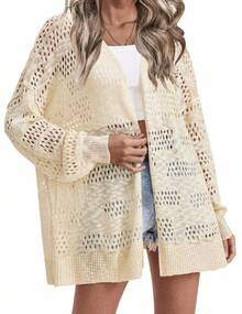 Summer Lightweight Crochet Cardigan For Women, Coquette Hollow Out Open Front Long Sleeve Cardigan Sweater, Casual Comfort, Fashion Outerwear - 黃色 - 查看 3