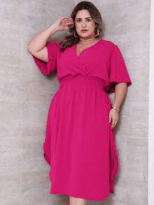 Women's Casual V-Neck Criss-Cross Midi Wrap Dress Plus Size Elegant Loose Godet Sleeve Side Slit Discreet - 玫瑰紅 - 查看 5