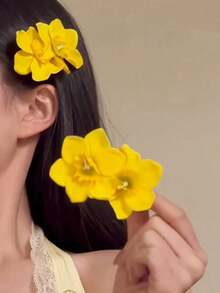 2个韩式仿真花发夹，优雅刘海夹，海边旅行摄影配饰，休闲约会发饰，防滑设计，春夏新品，女士度假穿搭，发饰，头饰，发夹 - 黃色 - 查看 5