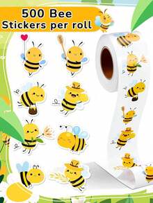 Rollo de 500 unidades de pegatinas autoadhesivas con forma de abeja de dibujos animados, pequeñas abejas trabajadoras como recompensa del maestro, incentivo escolar, rollo de pegatinas de dibujos animados DIY, pegatinas de PVC resistentes al agua, útiles escolares, vuelta al cole - Multicolor - Ver 5