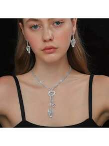 Conjunto de brincos e colar com pingente de lágrima de diamante, acessório formal para vestido de noiva com borla de cristal