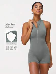 Sodalemon Women's Tight Zipper Yoga Jumpsuit Backless Peach Butt Fitness Activewear Jumpsuit - Grey - View 3