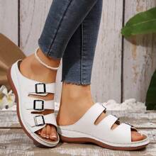 Plus Size Women's Simple 3-Buckle Sandals, Casual Slip-On Wedge Sandals, Versatile And Suitable For Commuting And Walking