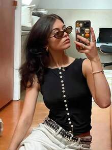 Women's Summer Solid Color Vest Sleeveless Round Neck Slim Fit Button Up Tank Tops - Black - View 2