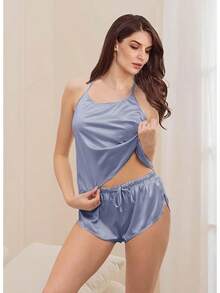 4Pcs Womens Silk Pajama Sets Satin Pajamas Set Sexy Cami Lingerie Pjs Nightwear Silky Pj Loungewear Sleepwearhalloween - 霧霾藍 - 查看 8