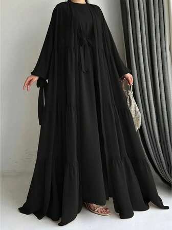 1 Set Vestido Abaya Elegante, que incluye Vestido y Cinturón - Abaya de Manga Larga de Gasa en Línea H, Abertura Lateral, Longitud Regular, unicolor, Manga Farol, Dobladillo con Volantes - Vestimenta Modesta Tradicional Adecuada para Todas las Estaciones