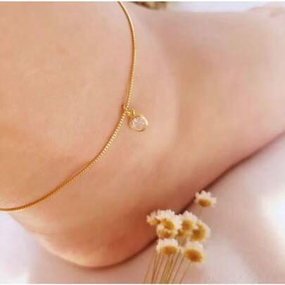 Tornozeleira  ponto de luz feminina  pingente redondo com zircônias banhado a prata 925 ou ouro 18k