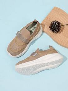 1 par de zapatos tipo calcetín de niños, versátiles, de punto transpirable, zapatos casuales de viaje y deporte para niñas con rhinestones, tela de malla, de fácil puesta con cinta mágica, para primavera/verano